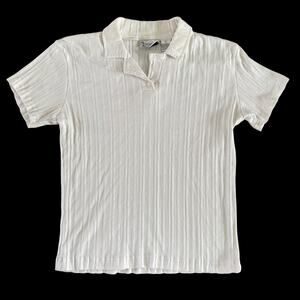 Vintage Samantha Stuart Ribbed Knit Polo Shirt Cream Short Sleeve Top Women’s